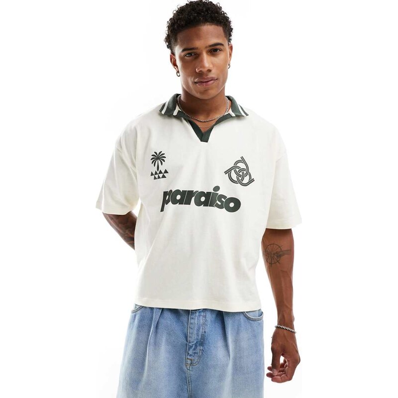 ASOS DESIGN boxy oversized polo with football front print in