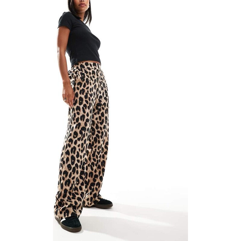 Pieces regular fit high waisted trouser in leopard print-Multi 100141180