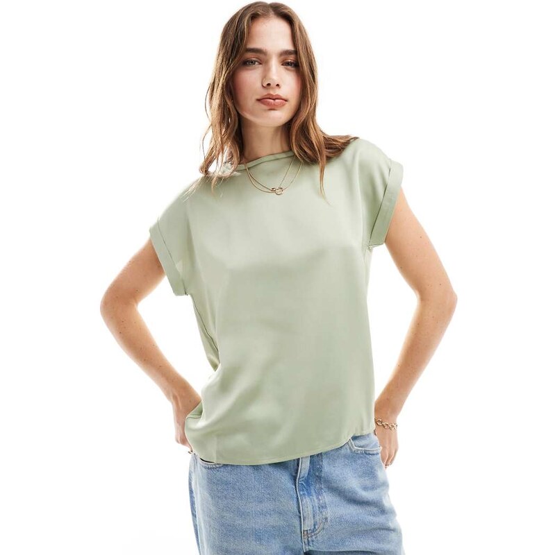 Vila satin front t-shirt with turn up sleeve in sage green