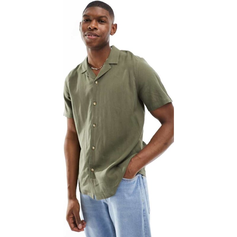 New Look short sleeve linen look shirt in dark khaki-Green