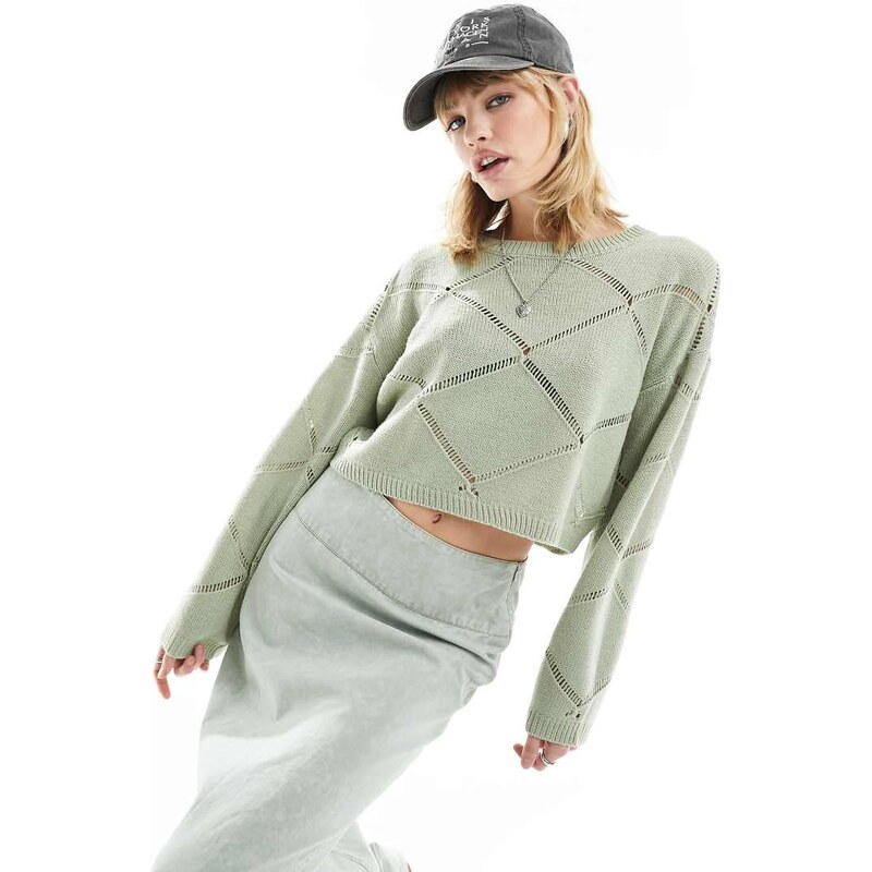 Noisy May pointelle wide neck jumper in light green