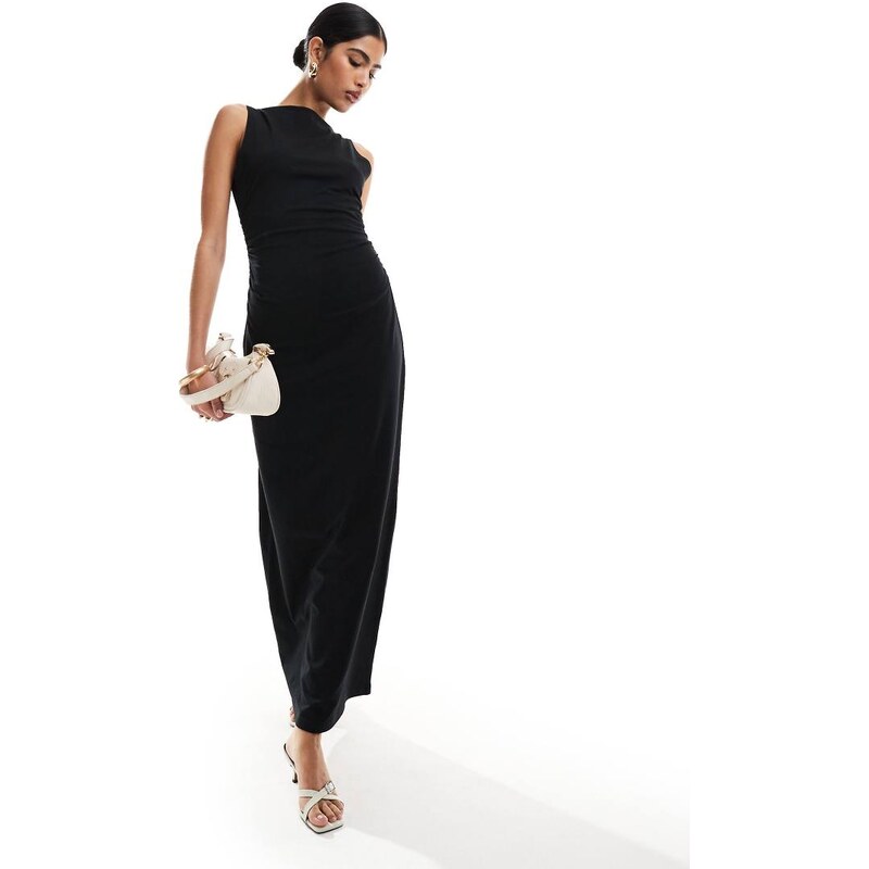 ASOS DESIGN boat neck maxi dress with ruched sides in black 100085967