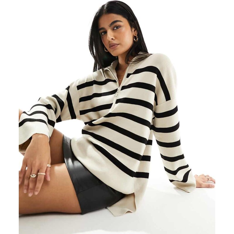 Object knitted zip neck jumper in cream mono stripe-Multi 100086899