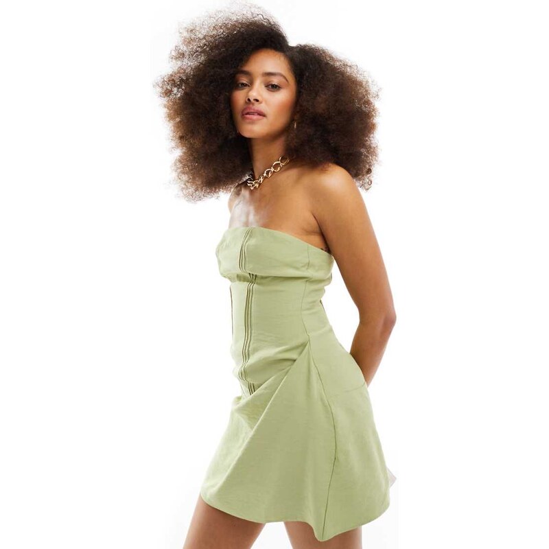 ASOS DESIGN linen bandeau mini dress with pintuck detail in sage 100087415