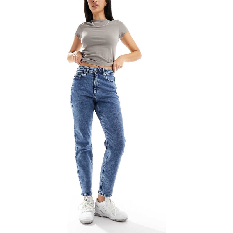 Noisy May Moni high rise slim straight jeans in mid wash blue 100088091
