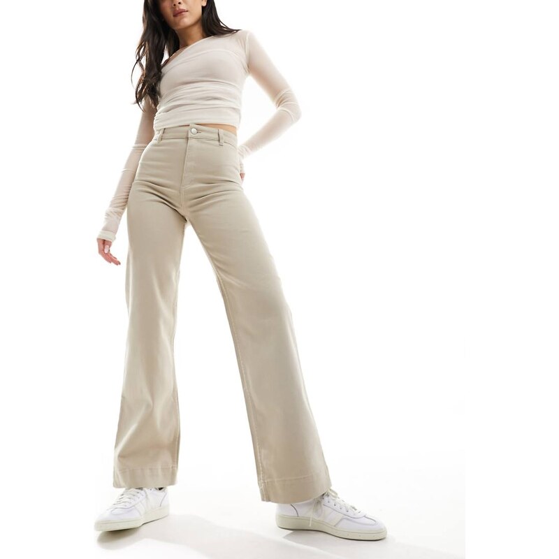 Monki stretch cotton wide leg trousers in beige-Neutral