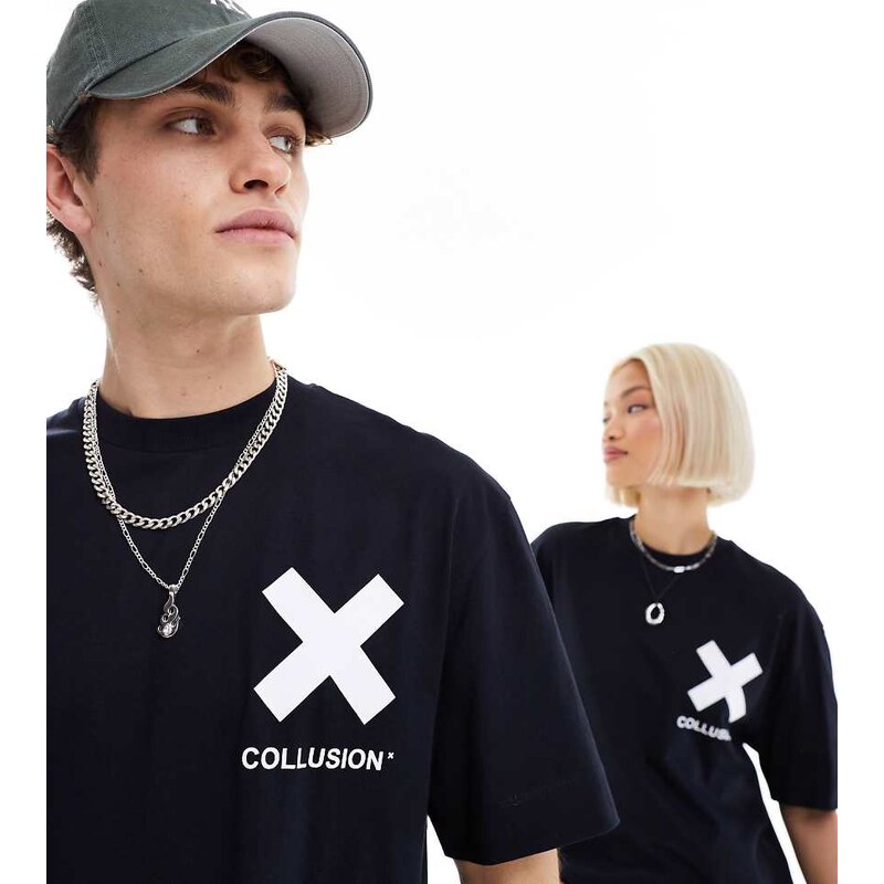 COLLUSION Unisex X logo cotton t-shirt in black