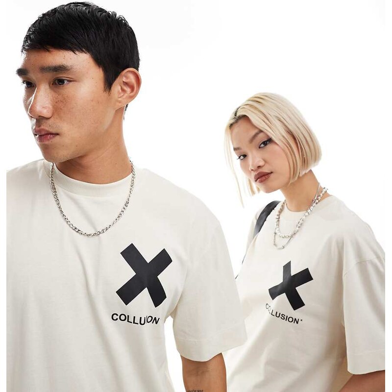 COLLUSION Unisex X logo cotton t-shirt in off-white