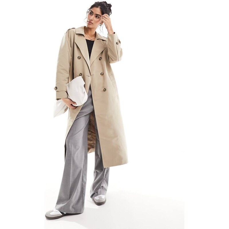 Vero Moda longline belted trench coat in stone-Neutral