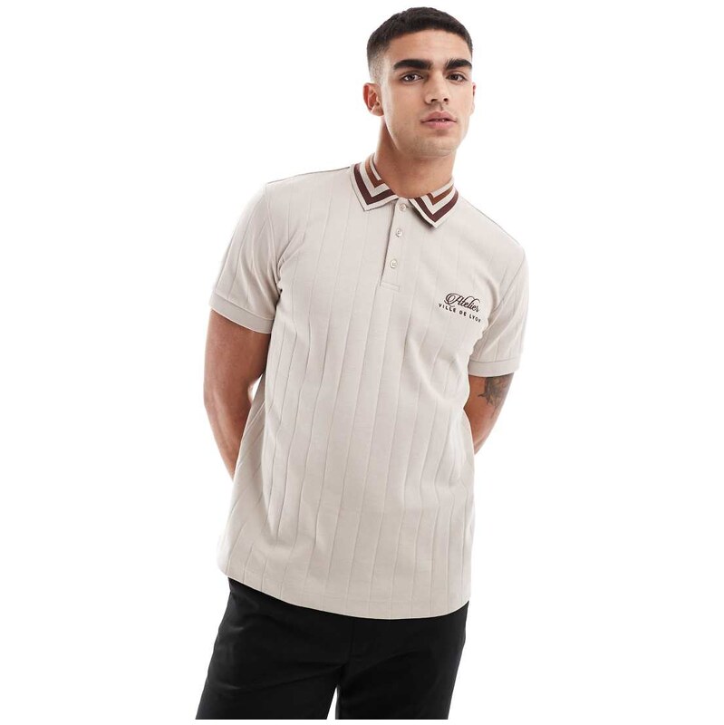 ASOS DESIGN tipped collar polo with chest embroidery in beige