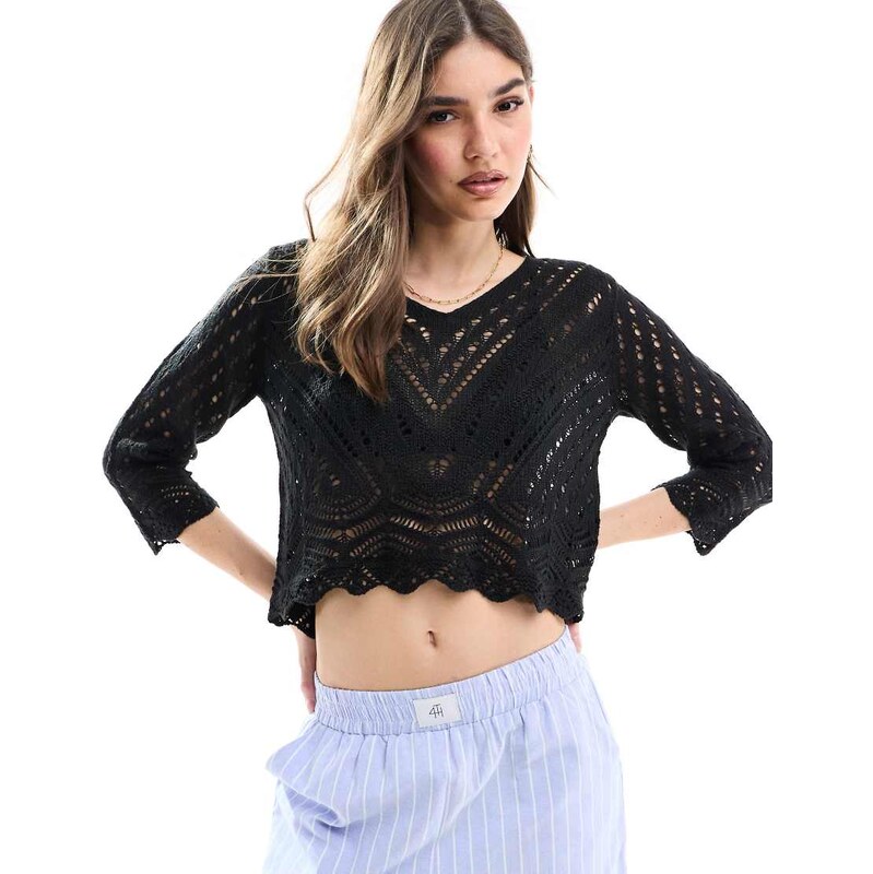 JDY open knit scallop edge top in black