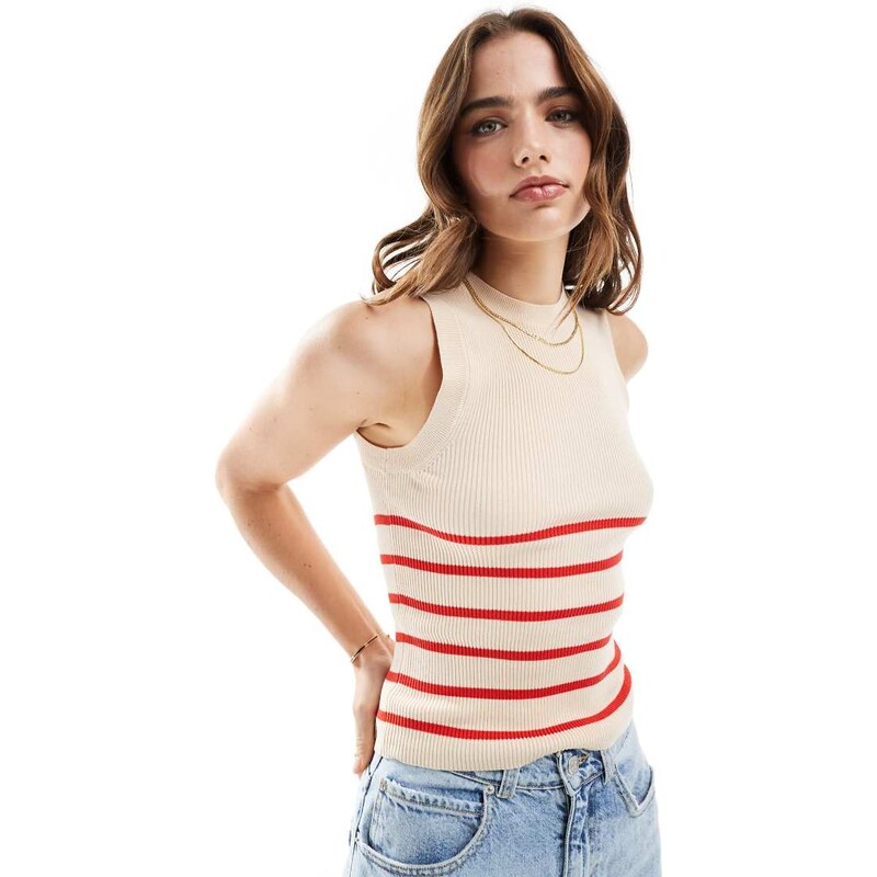 JDY knitted vest in red & beige stripe-Neutral