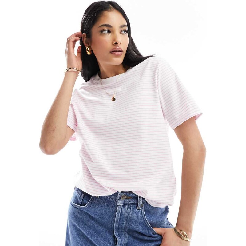 Pieces fold up sleeve t-shirt in pastel lilac stripe-Multi 103776627