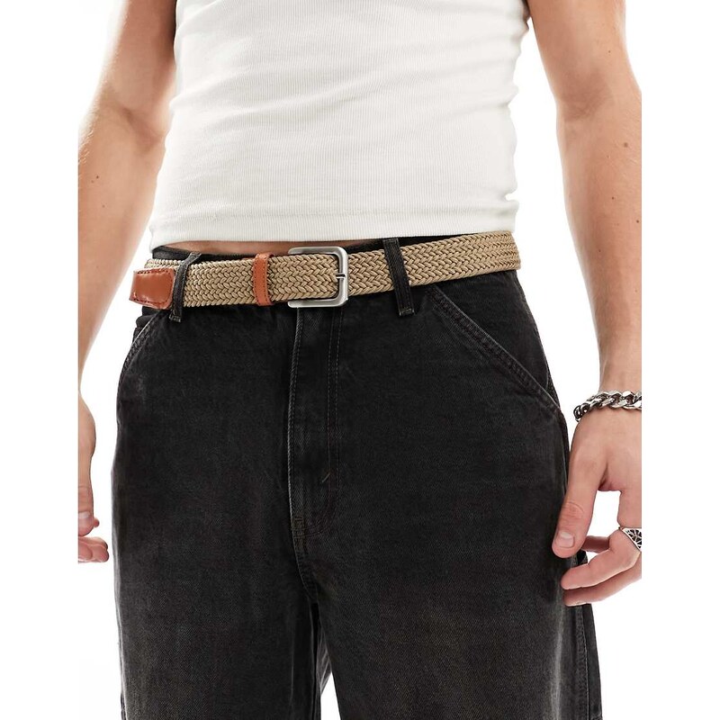 Jack & Jones woven belt with buckle in tan-Brown