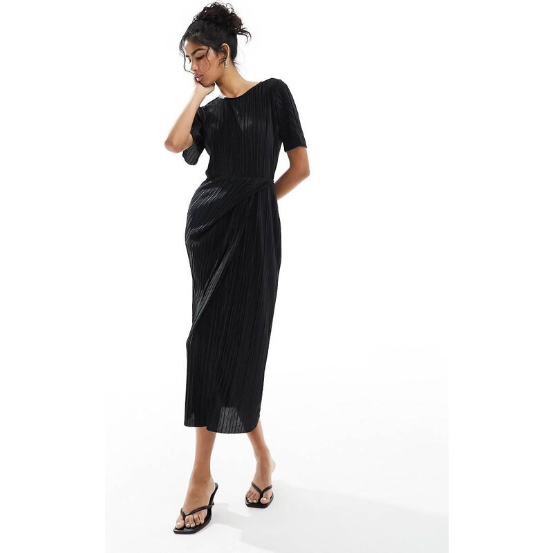 ASOS DESIGN short sleeve plisse twist skirt midi dress in black 100095575