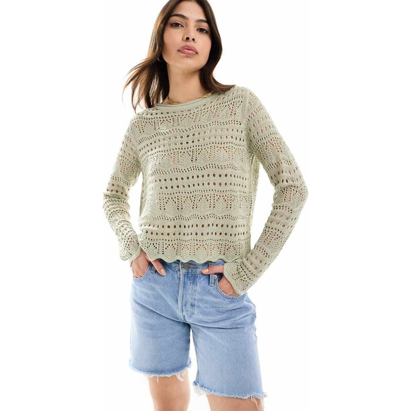 JDY boatneck broderie long sleeve top in sage-Green