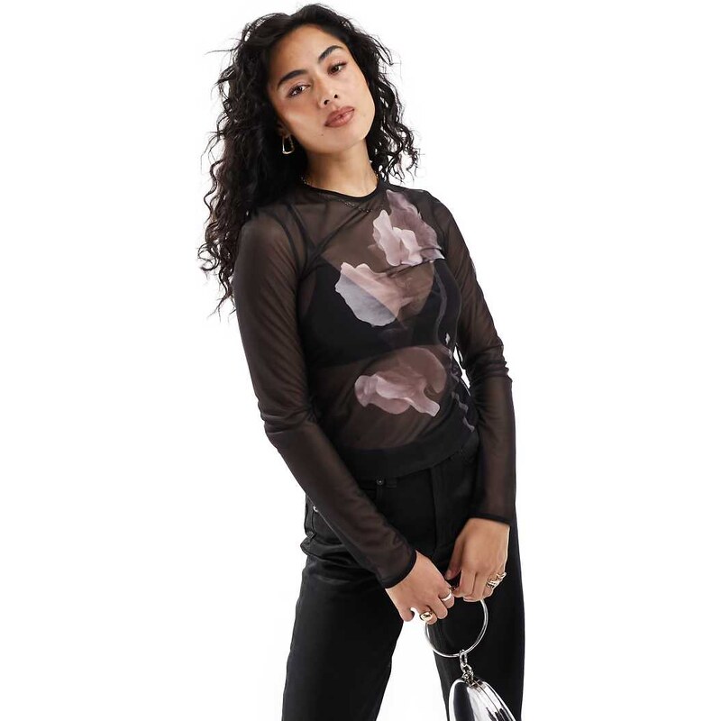 & Other Stories mesh long sleeve top in black with floral front