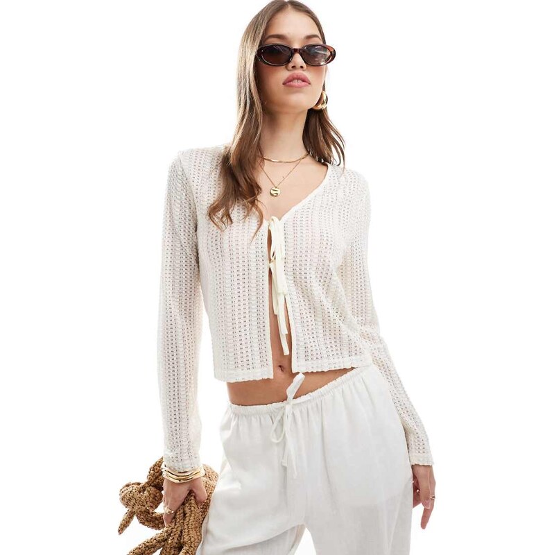 Brave Soul tie front knitted long sleeve top in cream-White