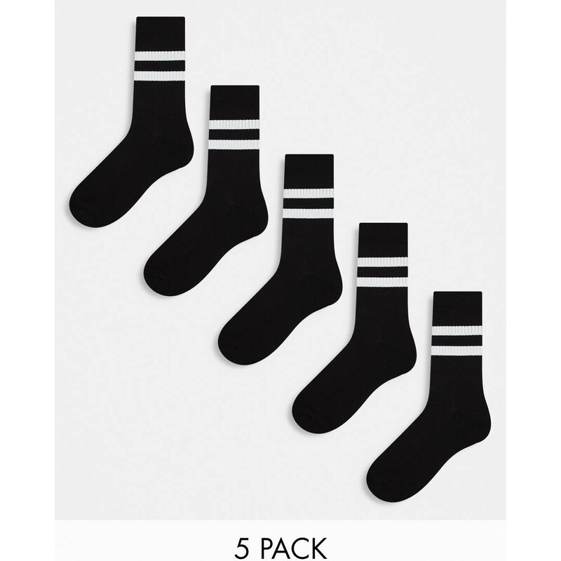 ASOS DESIGN 5 pack sport socks in black with white stripe - BLACK 100099980