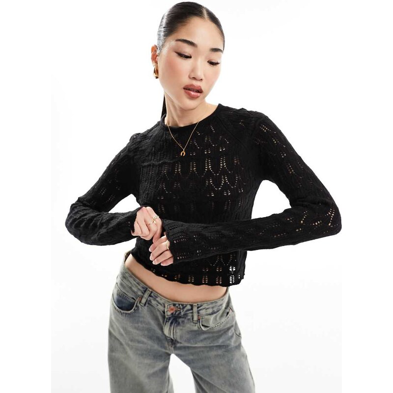 Vero Moda long sleeved crochet top in black