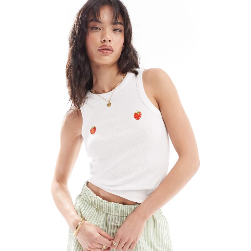 Pieces racer neck vest top with embroiderd strawberry placement