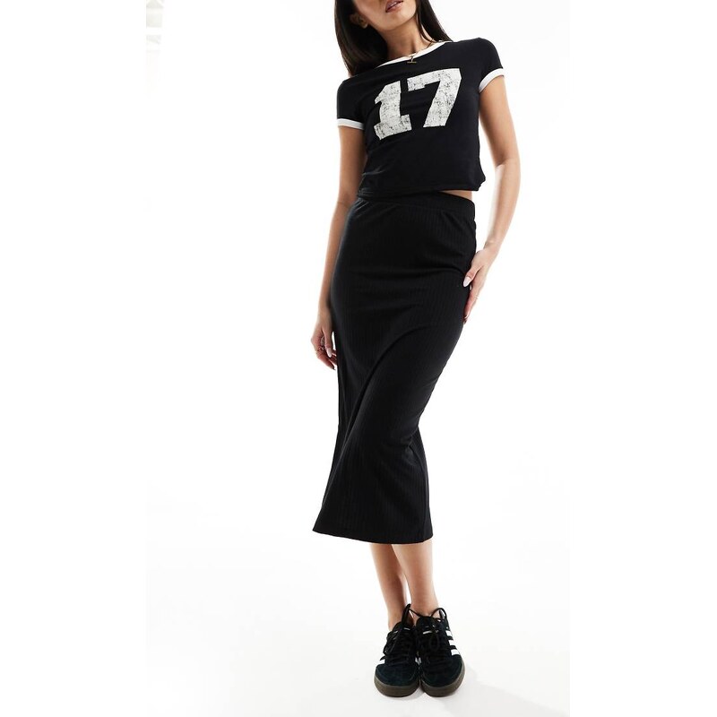 Pieces ribbed column midi skirt in black 100101491