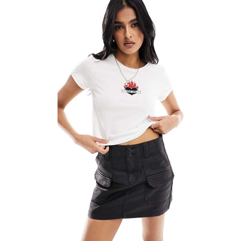 Noisy May cropped t-shirt with heart embroidery in white 100102478