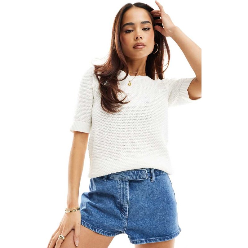 Vila textured cotton knit top in white 104104804