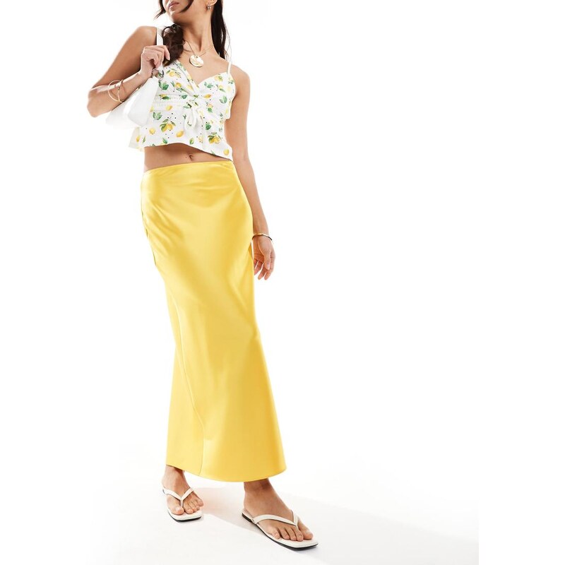 ASOS DESIGN satin bias midi skirt in yellow 115718528