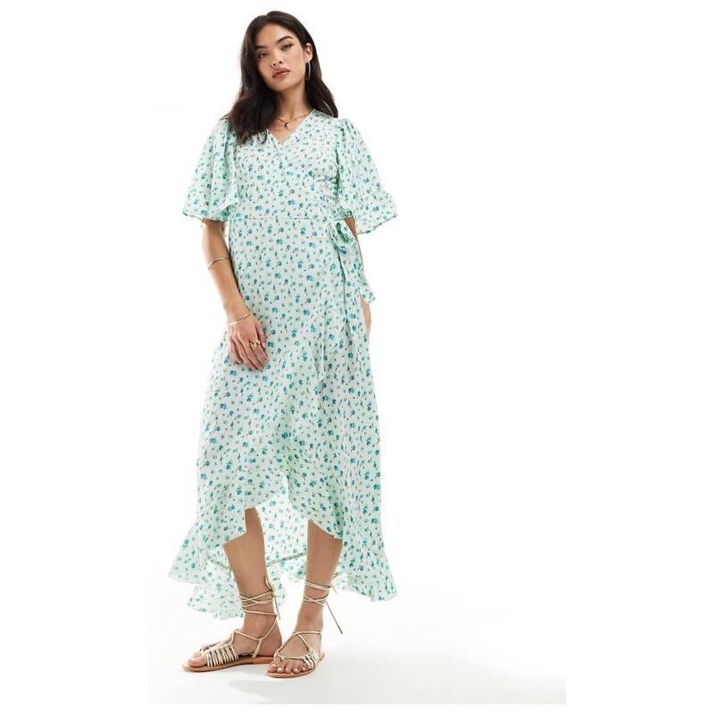 Vero Moda wrap front maxi dress in light blue floral-Green 100107527
