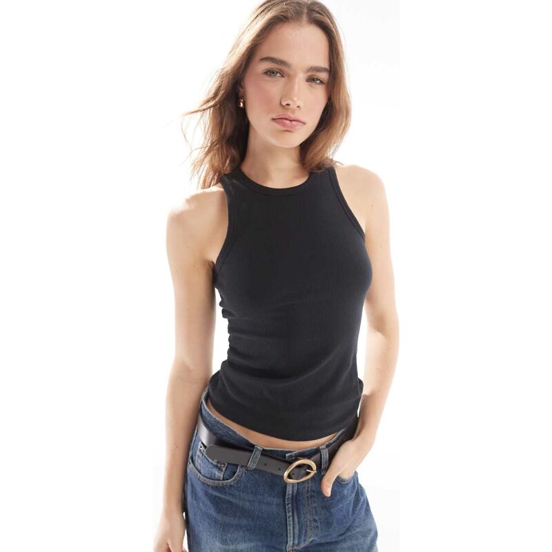 Pieces racer neck tank top in black