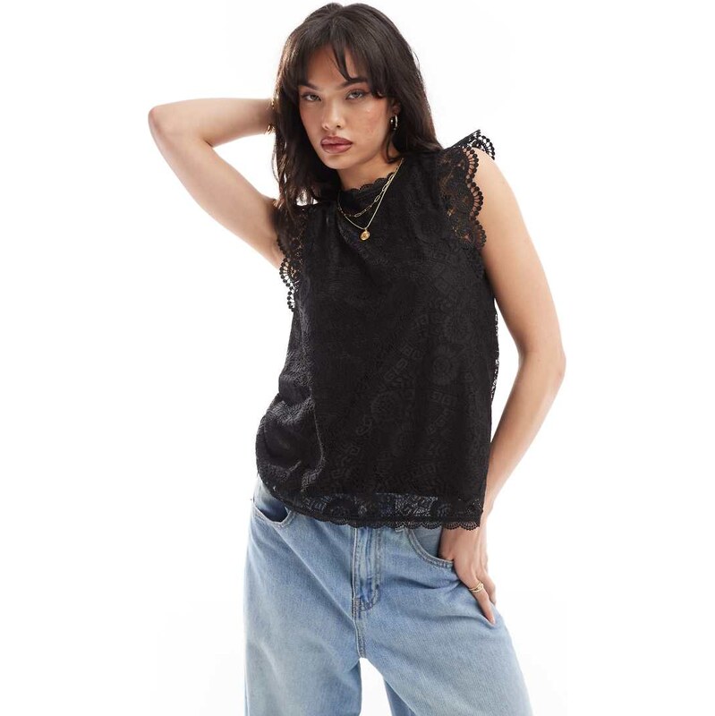 Pieces high neck sleeveless lace top in black 100109665