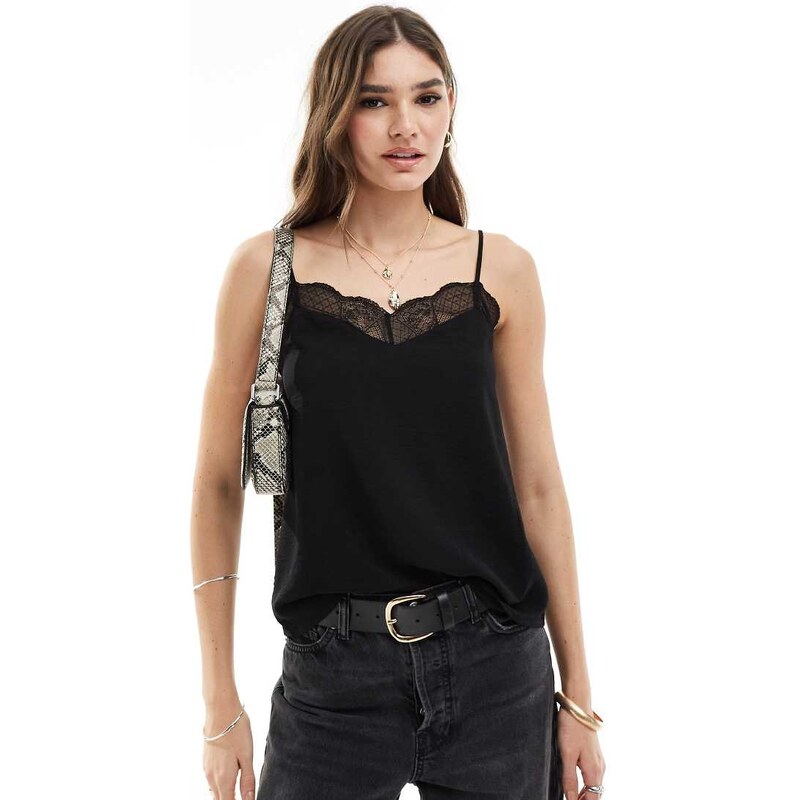 Pieces cami top with lace trim detail in black 110685376
