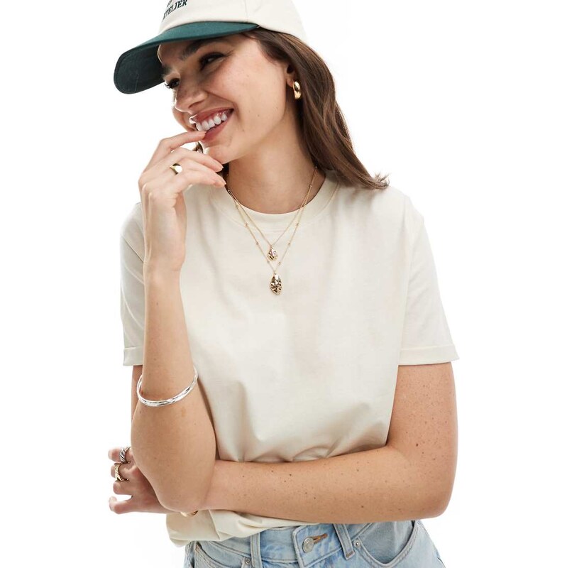 Pieces cotton t-shirt with fold up detail in cream-White