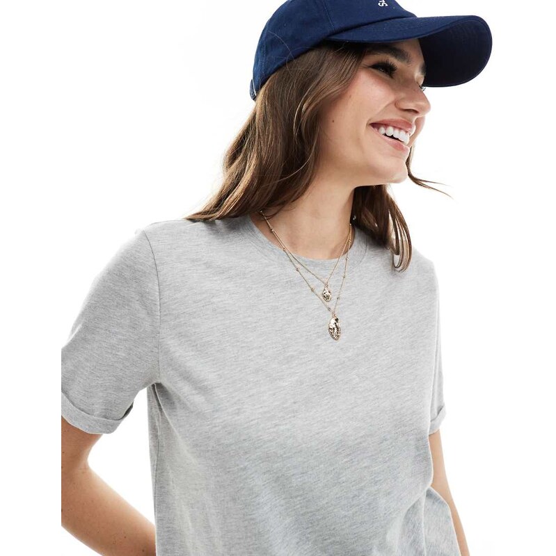 Pieces cotton t-shirt with fold up detail in grey 115509815