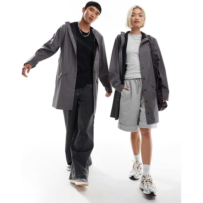 Rains 12020 unisex waterproof long hooded jacket in grey