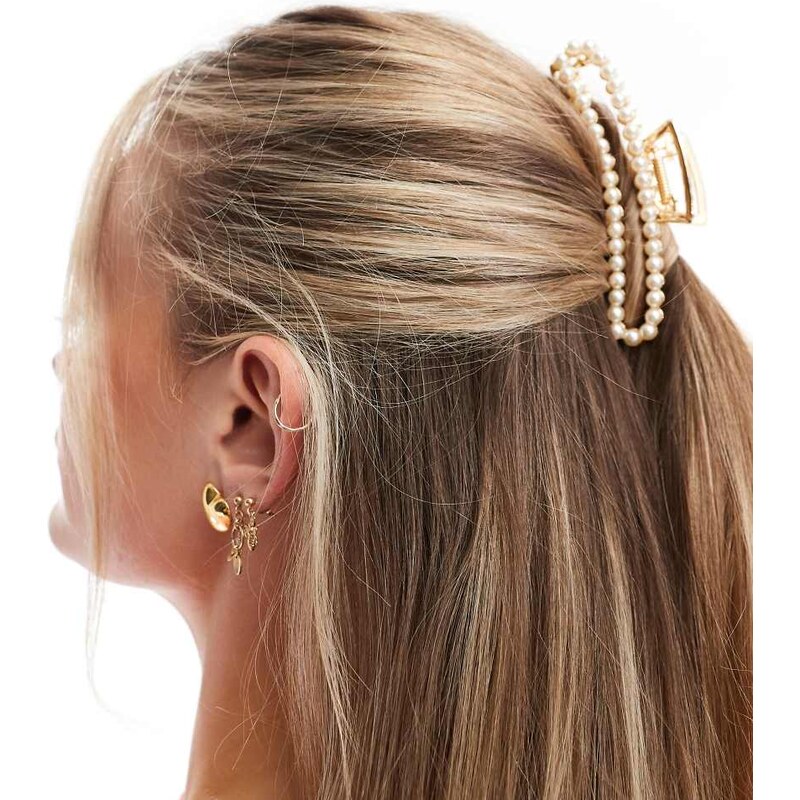 Pieces XL rectangle pearl hair claw clip in white gold 100114906