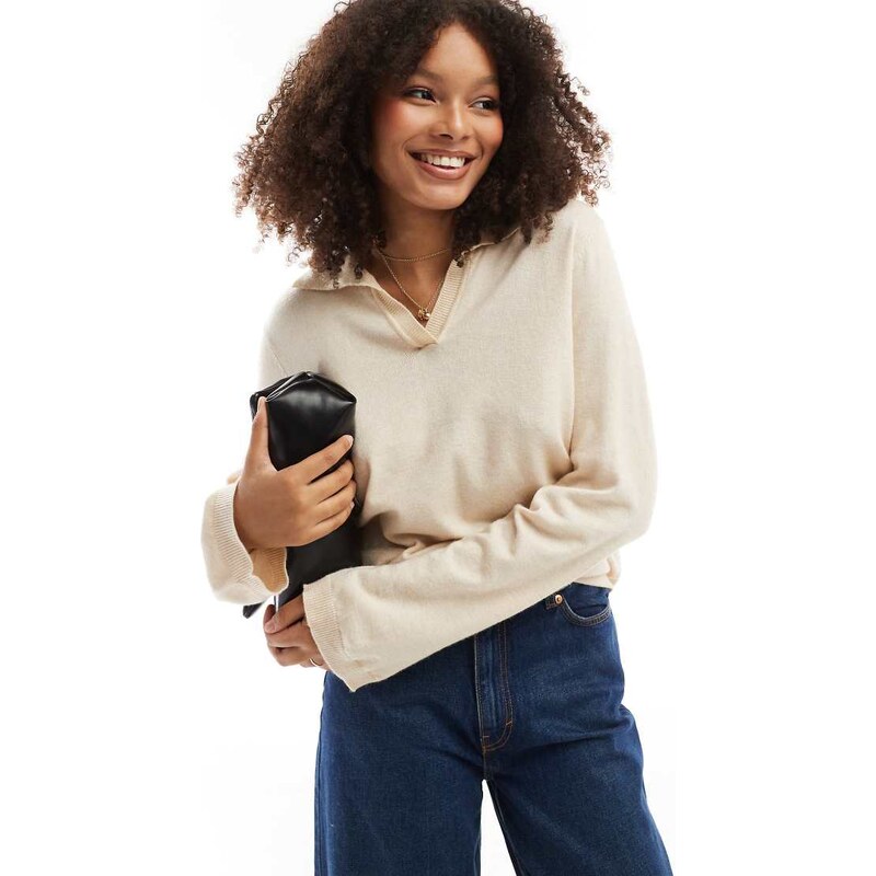 Object v neck knitted polo jumper in cream melange-White 100707738