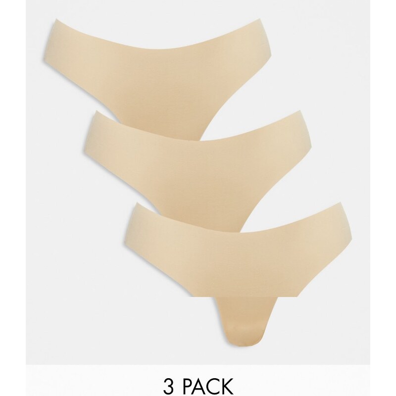 Pieces 3 pack seamless thongs in beige-Neutral