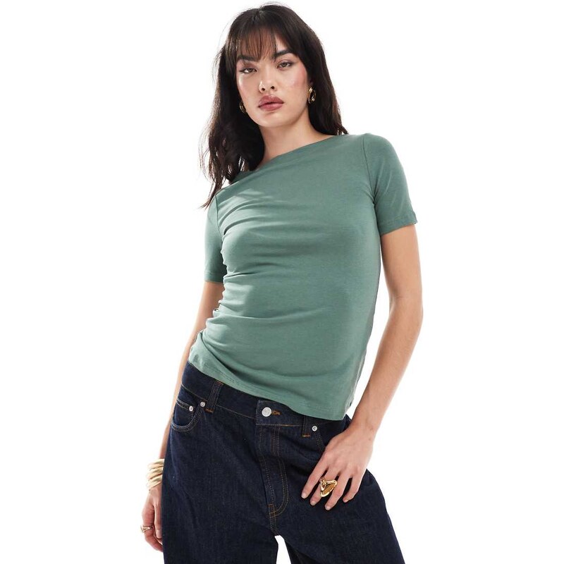 Vero Moda boat neck fitted t-shirt in khaki-Green