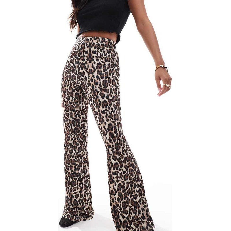 ONLY Petite ribbed flare trousers in leopard print-Brown