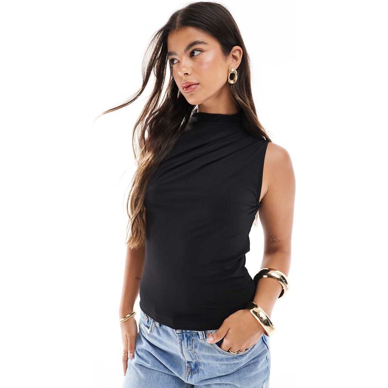 Pieces drape neck sleeveless top in black