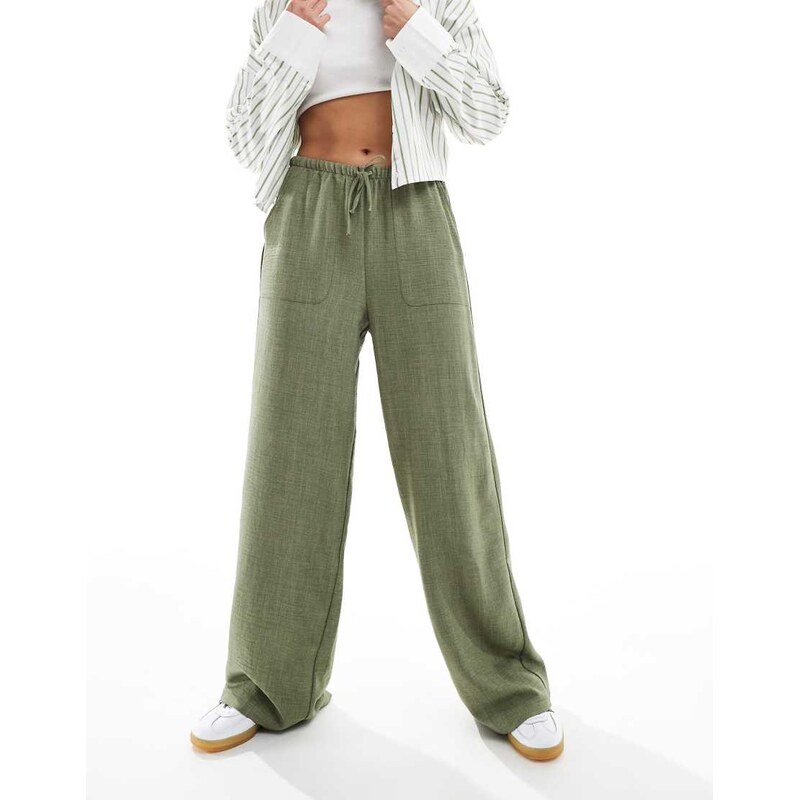 Vero Moda pull on wide leg trousers with tie waist in khaki