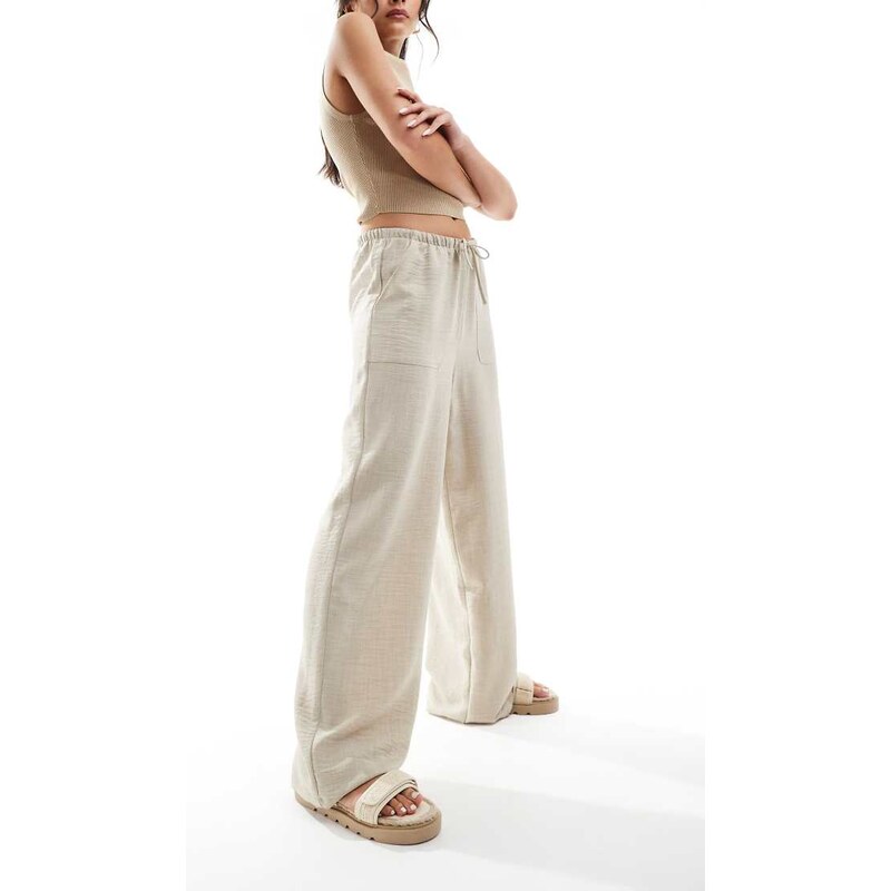 Vero Moda pull on wide leg trousers with tie waist in stone