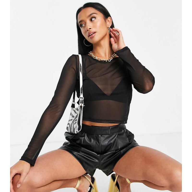 ASOS Petite ASOS DESIGN Petite cropped long sleeve mesh top in black 112570243