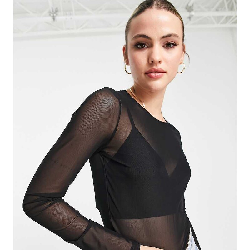 ASOS Tall ASOS DESIGN Tall cropped long sleeve mesh top in black