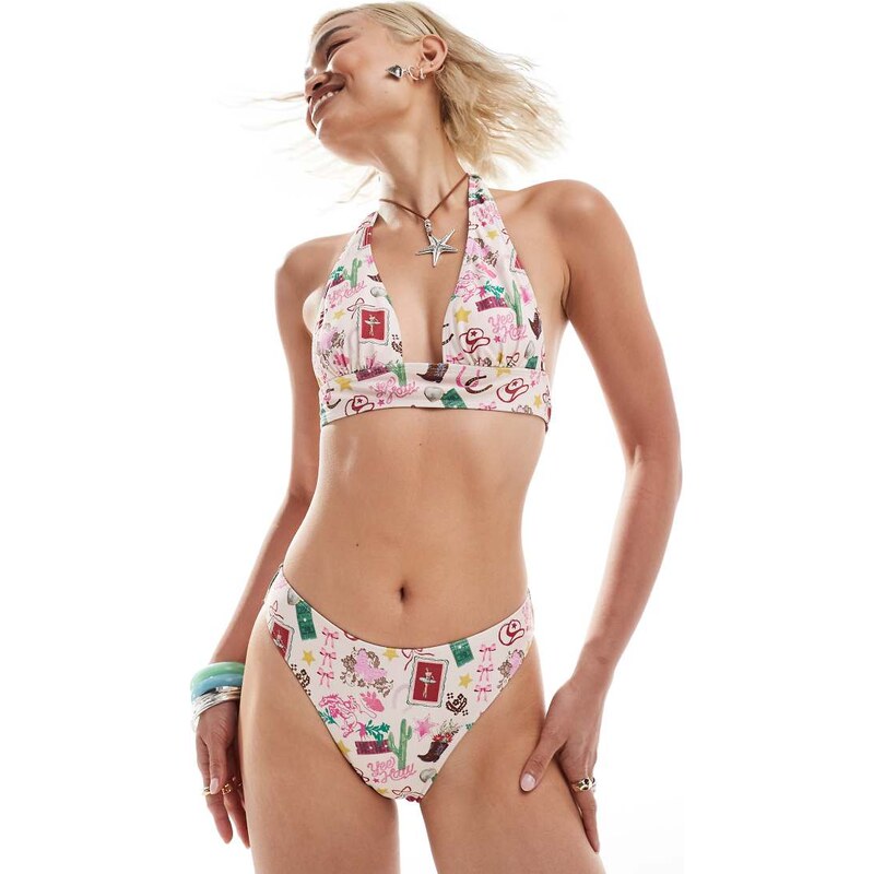 Reclaimed Vintage bikini bottom in pink western cowboy print-Multi 100122878