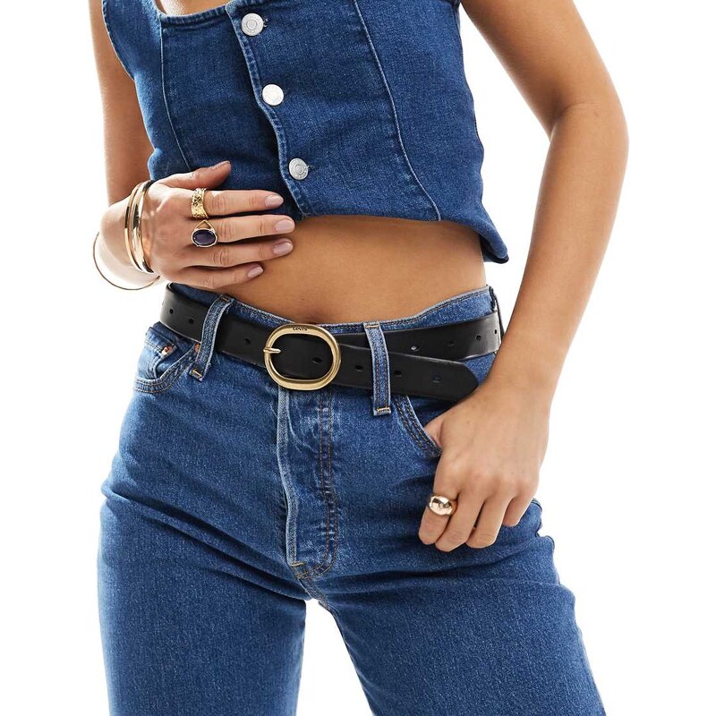 Levis high-low leather belt with gold buckle in black