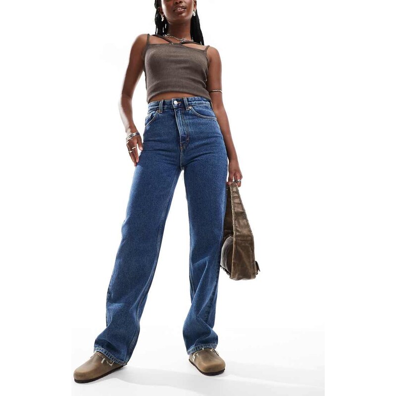 Monki Zami high waist straight leg jeans in mid blue