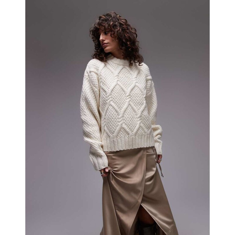 Topshop knitted chunky twist cable crew neck oversized jumper in ivory 110305994